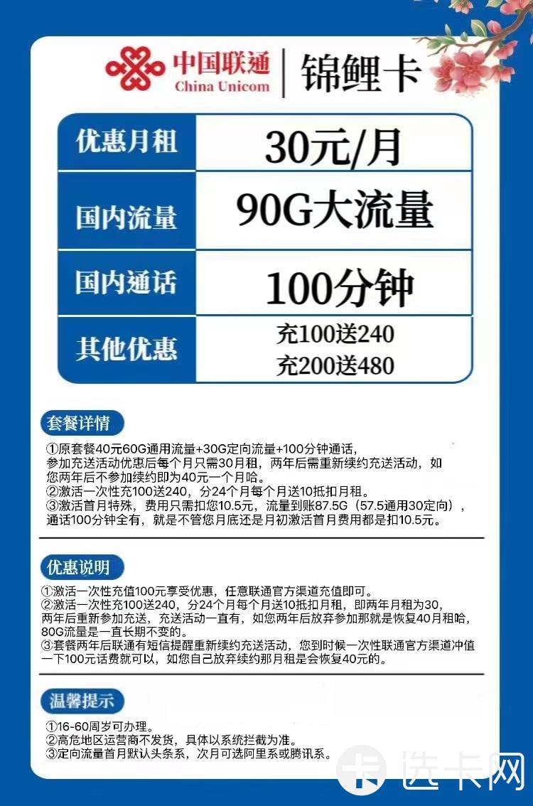 联通锦鲤卡30元包60G通用流量+30G定向流量+100分钟