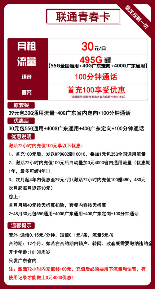 联通青春卡30元月包400G省内+55G全国+40G省内定向