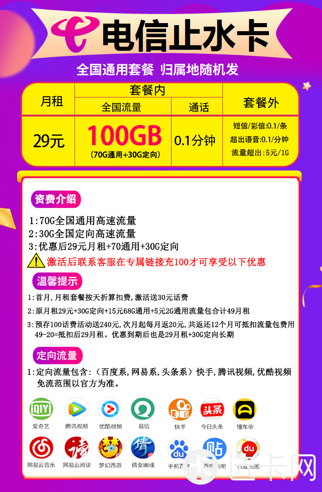 电信止水卡29元包70G通用流量+30G定向流量+通话0.1